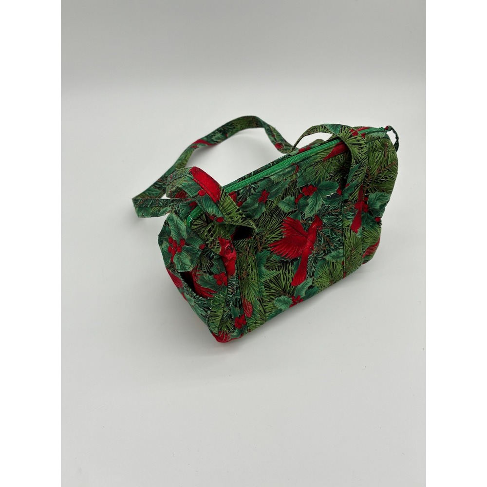 Handmade Quilted Christmas Cardinal Handbag Green Red Holiday Barrel Bag